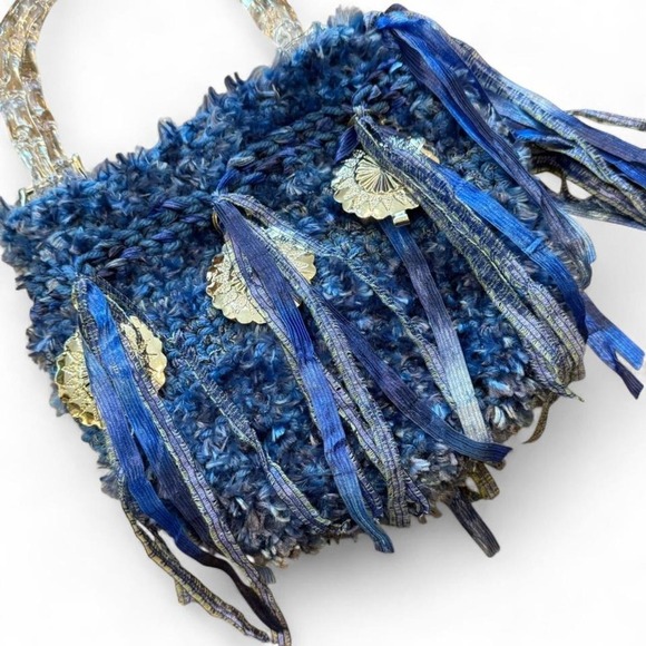 Whimsical Knit Purse | Enchanted Blue w/ Gold Accents Boho Ethereal Tassels - Picture 4 of 5